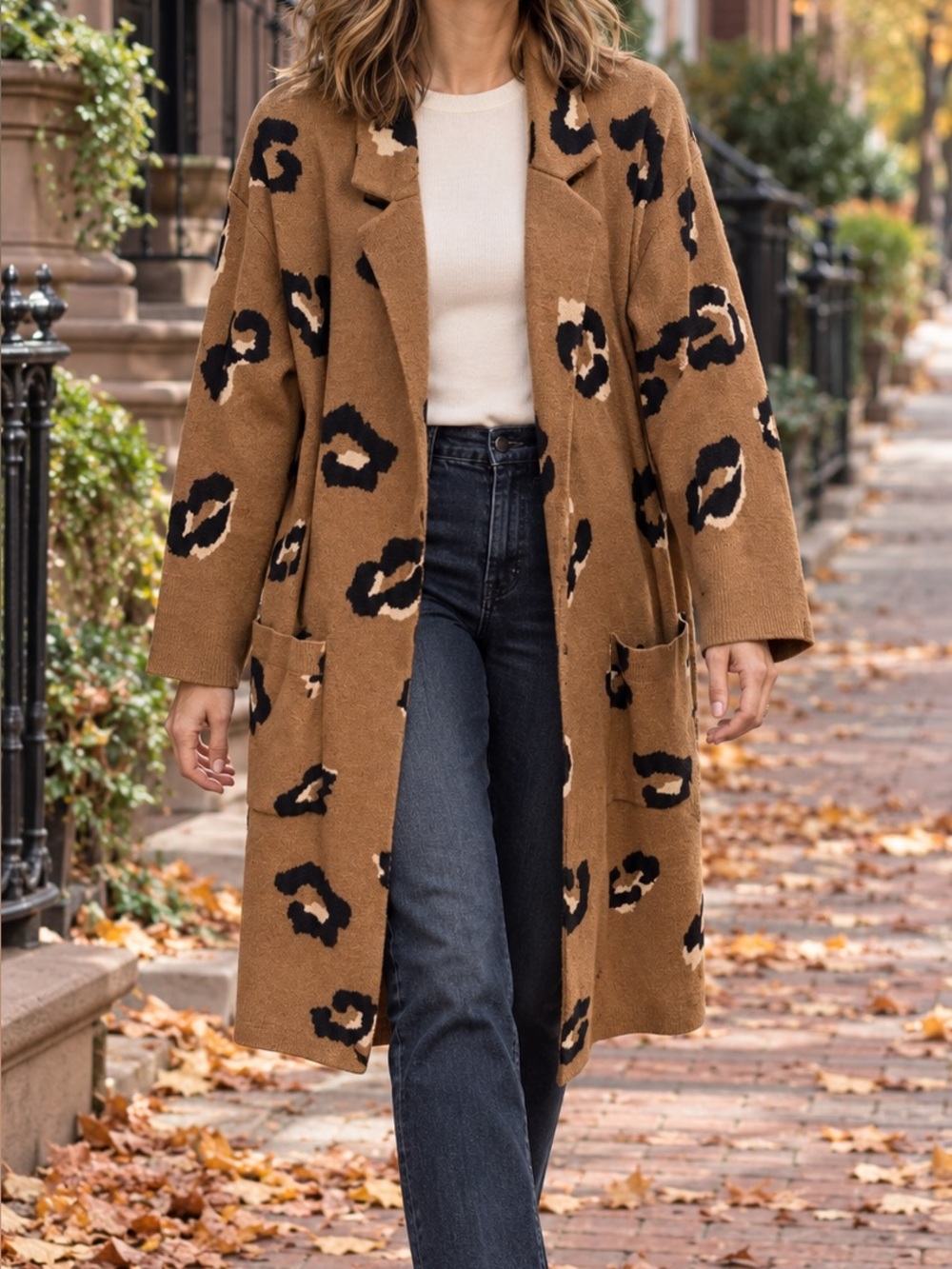 J.Crew Ella Leopard Long Sweater Blazer Womens Small Camel Open Front Pockets - Picture 7 of 9